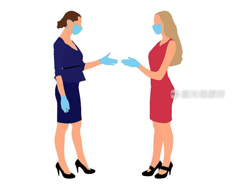 Business in pandemic of disease. Two businesswomen shaking hands in medical gloves and medical masks on face. Flat design. Partnership concept. Isolated. Vector illustration